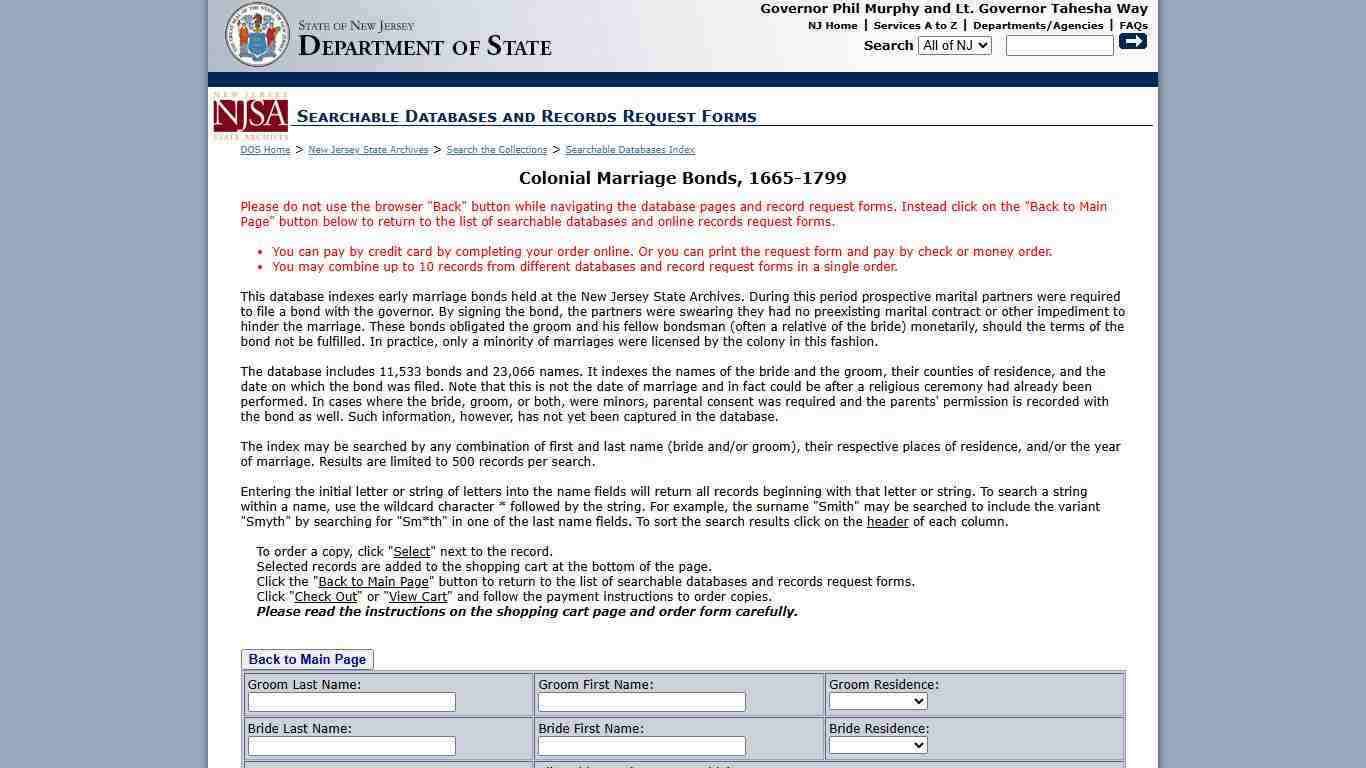 - Colonial Marriage Bonds, 1665-1799 - Index to New Jersey Marriages recorded in the pre-revolutionary period, and the period during and immediately after the American Revolution. 17th Century and 18th Century Vital Records and Genealogy, New Jersey History, Historical marriages, New Jersey State Archives
